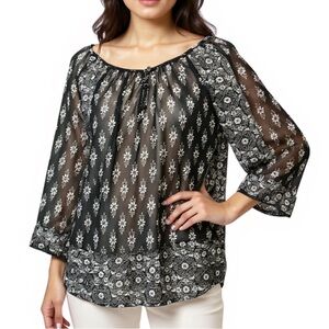 Elle Sheer Patchwork Floral Print Long Sleeve Top in Black & White Size Small
